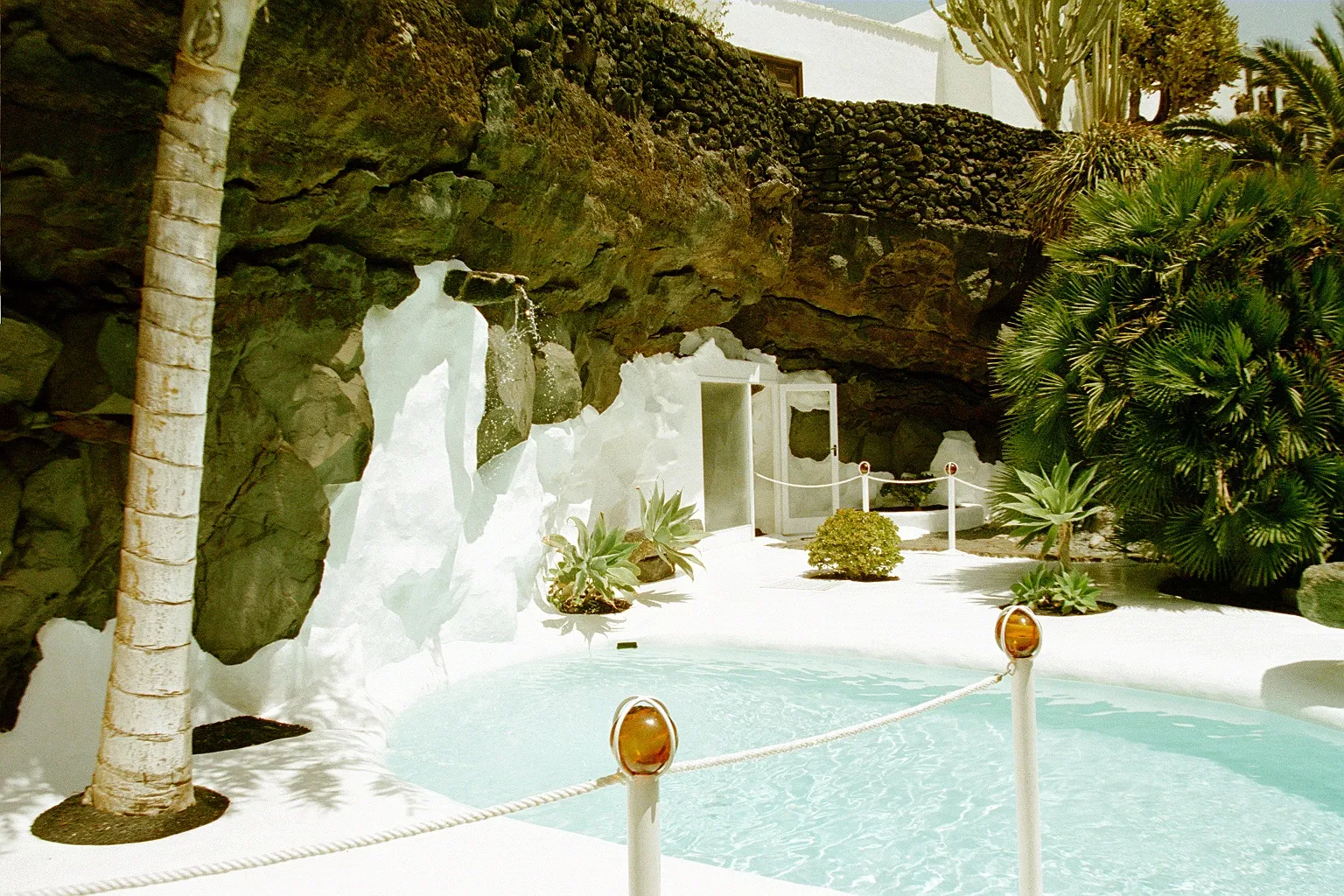 A white pool inside a lava bubble at the Fundación César Manrique, under palms